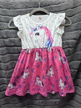 NWOT Girls Unicorn Print Pink & White Casual Dress XS 4-5